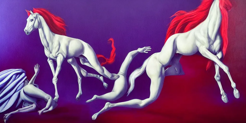 Image similar to only with purple, ney motogrosso in love with a red stallion, too many hands in all directions, in hoc signo vinces, waterfall, in the style of leonora carrington, gottfried helnwein, intricate composition, blue light by caravaggio, insanely quality, highly detailed, masterpiece, red light, artstation