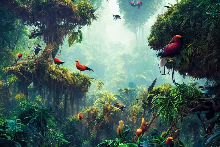 Prompt: flocks of different color and species paradisaea on a jungle branch, beautiful dynamic lighting, cinematic, wide angle establishing shot, extremely high detail, photo realistic, cinematic lighting, post processed, concept art, artstation, matte painting, style by eddie mendoza, raphael lacoste, alex ross