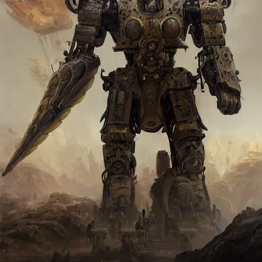 Image similar to gigantic bipedal humanoid robotic war machine standing in a battlefield, full body image, steam punk, sci-fi, extremely detailed digital painting, in the style of Fenghua Zhong and Ruan Jia and Jermy lipking and peter mohrbacher, mystic colors, highly detailed, deep aesthetic, 8k, highly ornate intricate details, cinematic lighting, rich colors, digital artwork, ray tracing, hyperrealistic, photorealistic, cinematic landscape, trending on artstation,