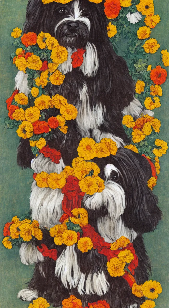 Image similar to portrait of a cream colored havanese dog dressed as an aztec, with a bouquet of marigolds, mexico, painting by diego rivera realism aztec modernism 1 9 3 5