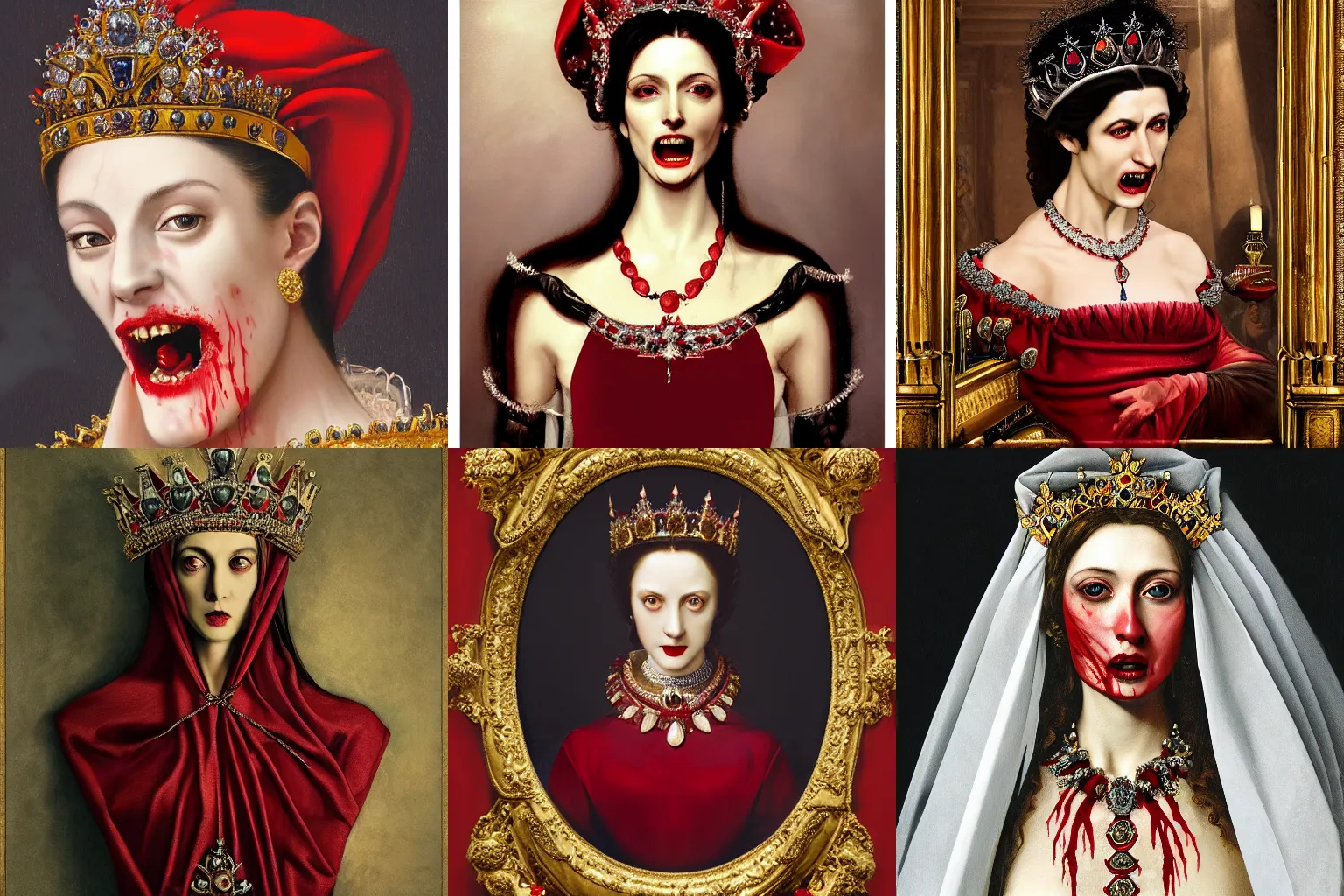 Image similar to A extremely highly detailed majestic hi-res beautiful immaculate head and shoulders painting of a beautiful bloody vampire woman with fangs wearing a long royal red silk dress, the crown jewels is on her head and around her neck is a ornate golden necklace decorated with diamonds and rupees by Michelangelo Merisi da Caravaggio, high detail, hyperrealistic, photorealistic, octante render, cinematic, high textures, royaltly, royal, hyper sharp, 4k insanely detailed and intricate, hypermaximalist, 8k, hyper realistic, super detailed, 4k HDR hyper realistic high,