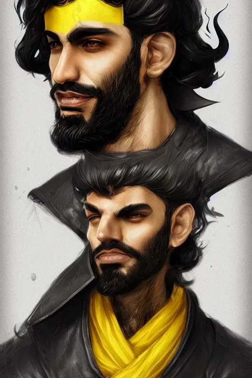 Image similar to Arab man light beard, curly hair, swordsman, modern, hero, leather , yellow and charcoal, character concept art, costume design, trending on artstation, Artgerm , WLOP