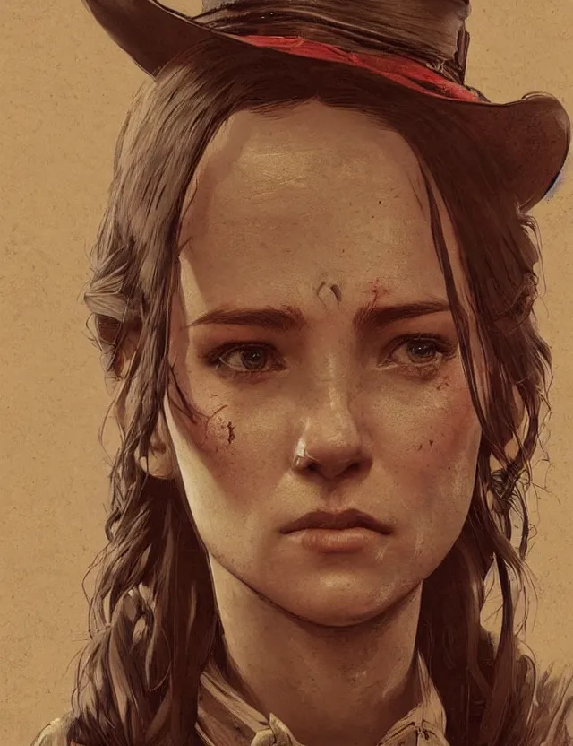 Image similar to close face portrait of a young female waitress as red dead redemption 2 concept art, art by ryo shiotani and greg rutkowski, intricate, beautiful, cute, cinematic lighting, vintage art by serge ivanoff, high resolution, very detailed