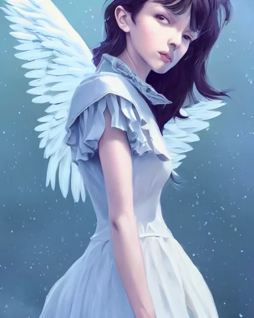 Image similar to ilya kuvshinov. an infinitely detailed portrait of a frail and pale female peace angel elegantly. fully - clothed full - body, beautiful! scenery art!! coherent! by wlop. victorian armor trim, cold color palette, artstation / pixiv!! elegantly armored angel portrait full - body, dreamy art