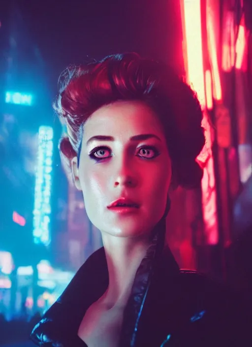 Image similar to A hyper realistic and detailed head portrait photography of a Rachael of Blade Runner on a futuristic street. by David Dubnitskiy. Neo noir style. Cinematic. neon lights glow in the background. Cinestill 800T film. Lens flare. Helios 44m