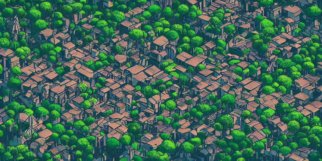 Prompt: cinematic high contrast graphic illustration of a hyper detailed village in the treetops