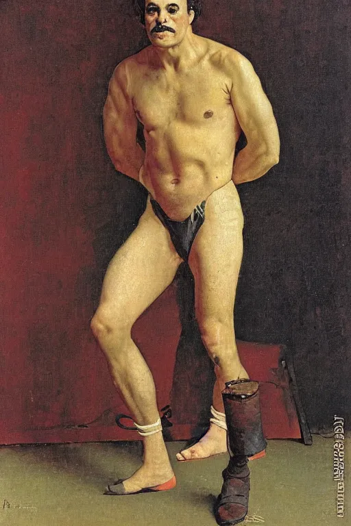 Image similar to body portrait of actor vincent elbaz posing as a wrestler, colour painting by norman rockwell, guidi prime background by carl spitzweg