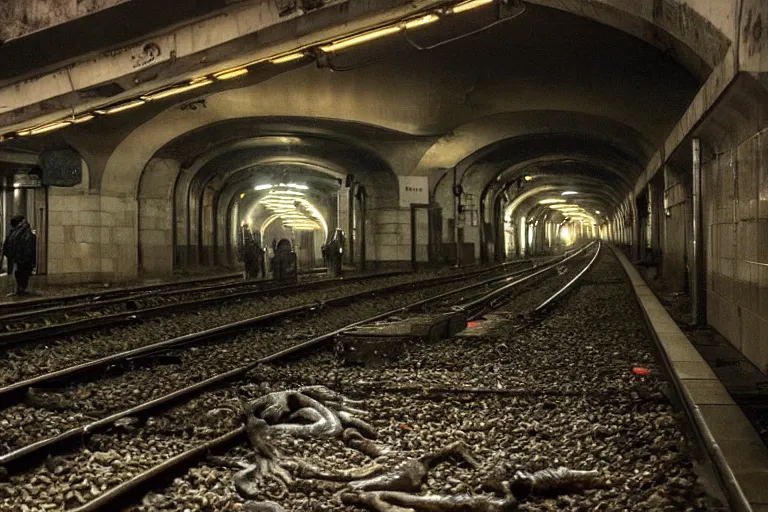 Image similar to very large giant mutant zombie irradiated an ifected with cancer and worms ( angry rat ) staying on railways in tonnel of moscow subway. extreme high detail, very realistic. low dark light, scary mood.