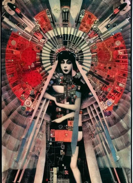 Prompt: cute punk goth fashion fractal alien martian girl with a television head wearing kimono made of circuits and leds, surreal Dada collage by Man Ray Kurt Schwitters Hannah Höch Alphonse Mucha, red and black