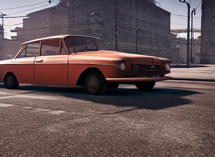 Image similar to hyperrealistic matte painting of gta action game in soviet moscow, 1 9 6 0, playstation 5 screenshot, mega details, golden hour, beautiful rtx reflections, soviet suburbs, photorealistic, unreal engine 5, octane render, volumetric light, featured on cg society, 4 k, 5 0 mm bokeh, russian lada car, artstation