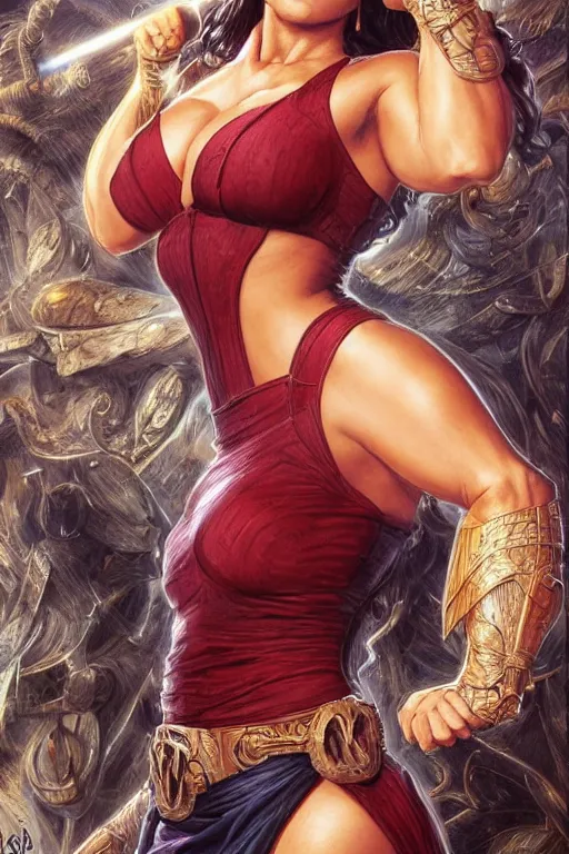 Image similar to muscled Salma Hayek as a ruggedly handsome super heroine, intricate, elegant, highly detailed, centered, digital painting, artstation, concept art, smooth, sharp focus, illustration, art by artgerm and donato giancola and Joseph Christian Leyendecker, Ross Tran, WLOP