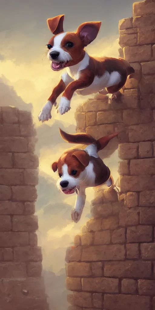 Image similar to adorable jack russel terrier jumping over a brick wall, fantasy art, artstation character design contest winner, trending on cgsociety, concept art, speedpaint, beautiful digital art, jesper ejsing, james jean, justin gerard, fenghua zhong, makoto shinkai, highly detailed