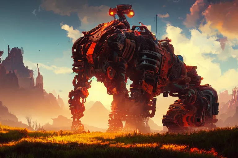 Image similar to behemoth machine mecanical creature robot of horizon forbidden west horizon zero dawn radiating a glowing aura global illumination ray tracing hdr fanart arstation by ian pesty and alena aenami artworks in 4 k