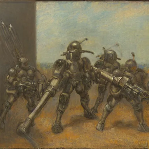 Prompt: Still life of a combat mech surrounded by its weapons, inspired by Henri Fantin-Latour