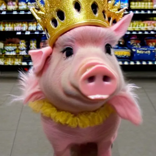 Image similar to cute pig wearing a gold crown as a Muppet 8k shopping at a grocery store