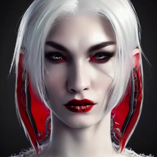 Image similar to a highly detailed portrait of a humanoid demon girl with white hair, red horns, in white clothes, artstation, deviantart, professional, unreal engine 5, photorealistic