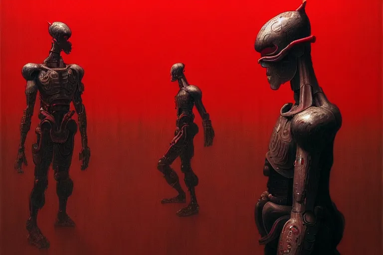 Image similar to only with red, a red cyborg samurai, tokio futuristic in background, some evil yokai fight, in the style of beksinski, parts by edward hopper, parts by rodcenko, parts by yue minjun, intricate and epic composition, red by caravaggio, insanely quality, highly detailed, masterpiece, red light, artstation, 4 k