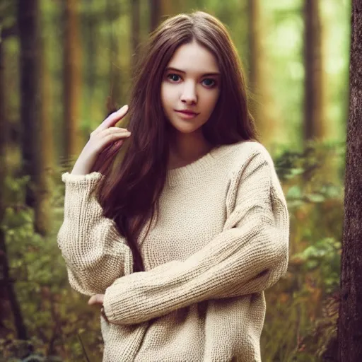 Prompt: real life photo of a beautiful girl, full body photoshoot, long brown hair, brown eyes, full round face, short smile, sweater, forest setting, cinematic lightning, medium shot, mid - shot, highly detailed, trending on artstation, unreal engine 4 k, 8 0 mm, 8 5 mm, cinematic wallpaper