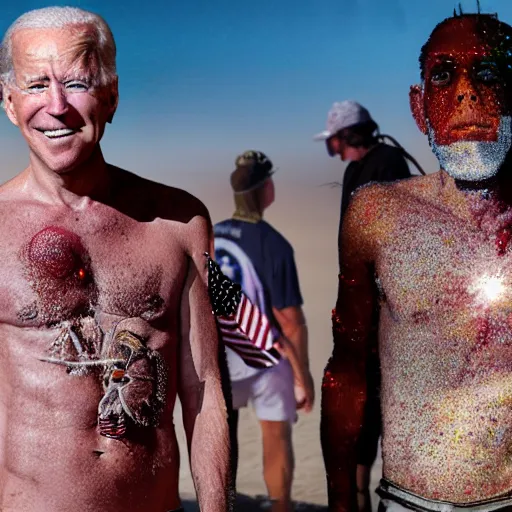 Prompt: a highly very very detailed photo of Joe Biden with ((plasma eyes)) attending Burning Man on the Playa with an Anarcho-primitivist Donald Trump survivalist covered in body glitter, very very detailed, photorealism, Photoshop, very coherent, HD