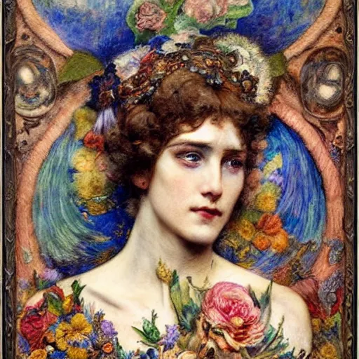 Image similar to coronation of the flower prince, by Annie Swynnerton and Gaston Bussière, embroidered brocade, tattoos, elaborate costume, geometric ornament, symbolist, rich colors, dramatic lighting, smooth, sharp focus, extremely detailed