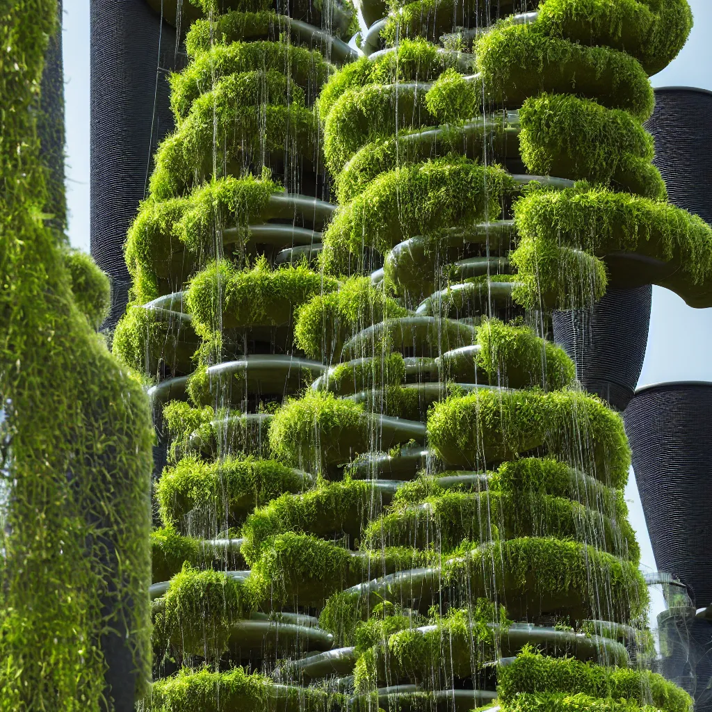 Image similar to torus shaped electrostatic water condensation collector tower, irrigation system in the background, vertical gardens, in the middle of the desert, XF IQ4, 150MP, 50mm, F1.4, ISO 200, 1/160s, natural light