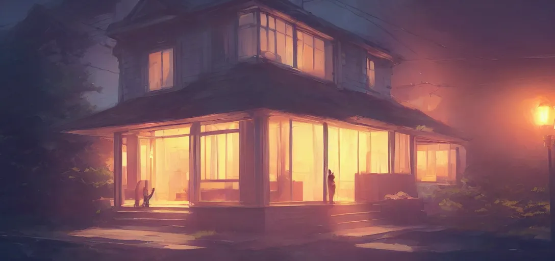 Prompt: bungalow in chicago, cinematic lighting, detailed, cell shaded, 4 k, warm colours, concept art, by wlop, ilya kuvshinov, artgerm, krenz cushart, greg rutkowski, pixiv. cinematic dramatic atmosphere, sharp focus, volumetric lighting, cinematic lighting, studio quality