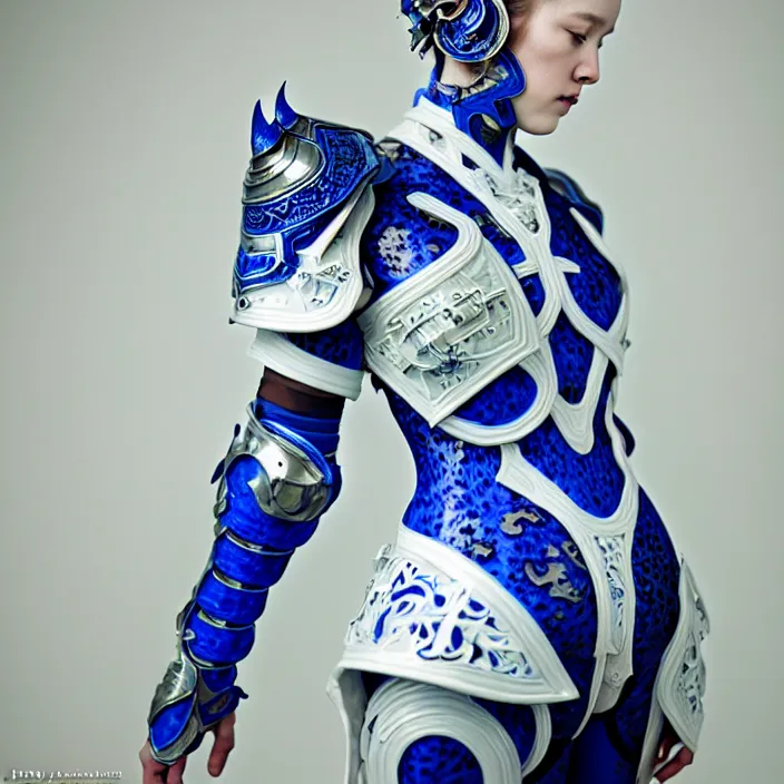 Prompt: porcelain cyborg armor, chinese blue and white porcelain 1 4 th century, diffuse lighting, fantasy, intricate, elegant, highly detailed, lifelike, photorealistic, digital painting, artstation, illustration, concept art, smooth, sharp focus, art by john collier and albert aublet and krenz cushart and artem demura and alphonse mucha