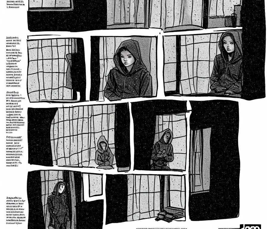 Image similar to sadie sink in hoodie sits on windowsill, knees tucked in | rain falls at night : storyboard, scifi cyberpunk. by joe alves, chris bonura, gabriel hardman. cinematic atmosphere, detailed and intricate, perfect anatomy