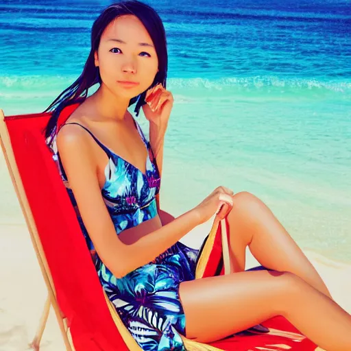Prompt: a portrait of a young asiatic lady on a beach chair , highly perfect face, hot summertime hippie, sparky swimsuit , calm sea and beach background , sunny day, perfecly detailed, realistic portrait, perfect design, natural light