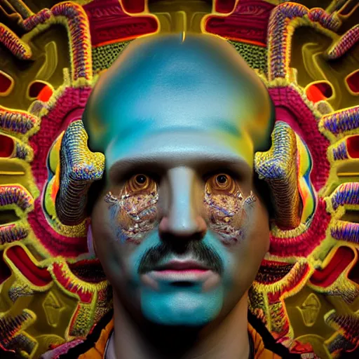 Image similar to Colour mandelbulb 3d fractal style full body portrait Photography of Highly detailed Man wearing detailed Ukrainian folk costume designed by Taras Shevchenko with 1000 years perfect face wearing highly detailed retrofuturistic VR headset designed by Josan Gonzalez. Many details In style of Josan Gonzalez and Mike Winkelmann and andgreg rutkowski and alphonse muchaand and Caspar David Friedrich and Stephen Hickman and James Gurney and Hiromasa Ogura. Rendered in Blender and Octane Render volumetric natural light