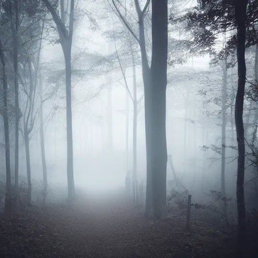 Prompt: creepy stairs in middle of forest, dark foggy misty colors!, dark forest from evil realm