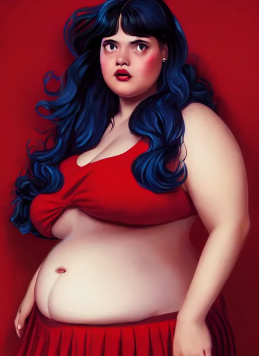 Image similar to full body portrait of teenage veronica lodge, obese, bangs, sultry, realistic, sultry smirk, wavy hair, red skirt, fat, belly, intricate, elegant, glowing lights, highly detailed, digital painting, artstation, concept art, smooth, sharp focus, illustration, art by wlop, mars ravelo and greg rutkowski