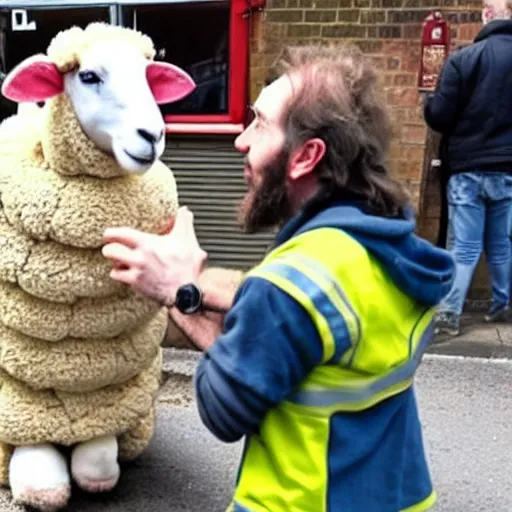 Image similar to photo of a man in a sheep costume is on fire and jesus is helping him outside a british pub