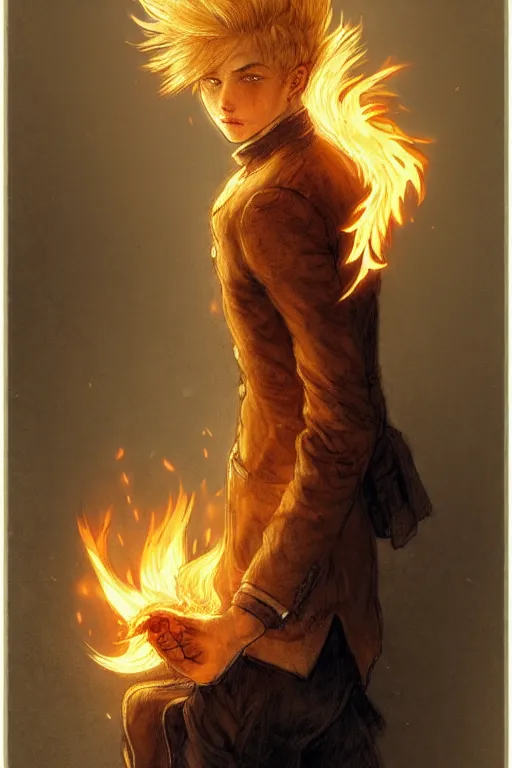 Prompt: character art by jean - baptiste monge, young man, blonde hair, on fire, fire powers