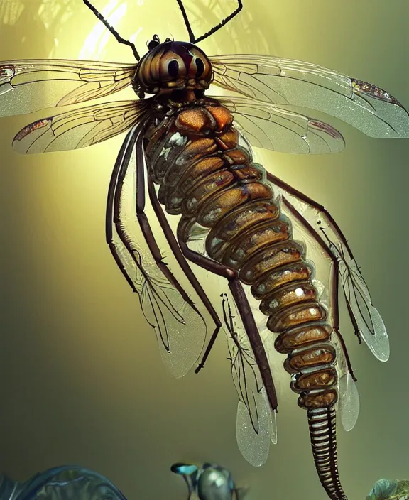 Image similar to intricate ornate opulent transparent clear see - through portrait of a horrific beautiful male human isopod nautilus dragonfly, adorable, childlike, overgrown biopunk jungle environment, ultra realistic, concept art, art nouveau, photorealistic, octane render, 8 k, unreal engine. art by christopher marley and artgerm and greg rutkowski and alphonse mucha