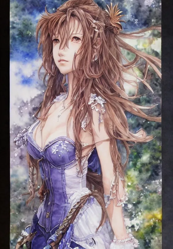 Image similar to a full-body watercolor painting of Aerith Gainsborough by Yoshitaka Amano, highly detailed, intricate, trending on artstation, award-winning