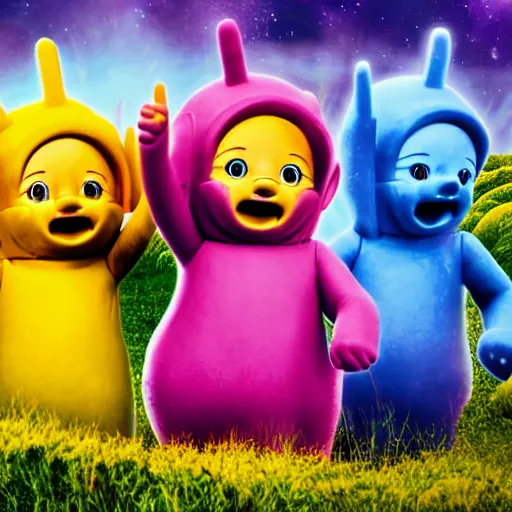 Prompt: the teletubbies performing a sacrifice ritual to their sun god, horror, scary, unsettling, creepy, digital art, high quality, high resolution