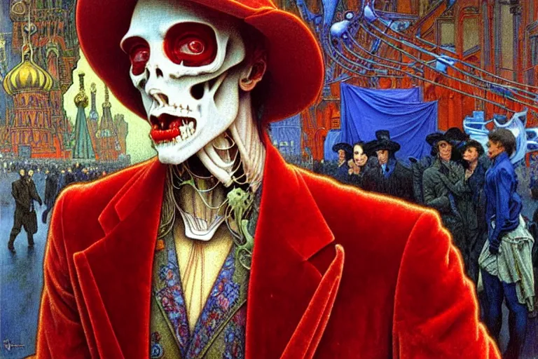 Image similar to realistic detailed closeup portrait painting of a single skeleton wearing red velvet blazer in a crowded futuristic moscow street by Jean Delville, Amano, Yves Tanguy, Alphonse Mucha, Ernst Haeckel, Edward Robert Hughes, Roger Dean, rich moody colours, blue eyes