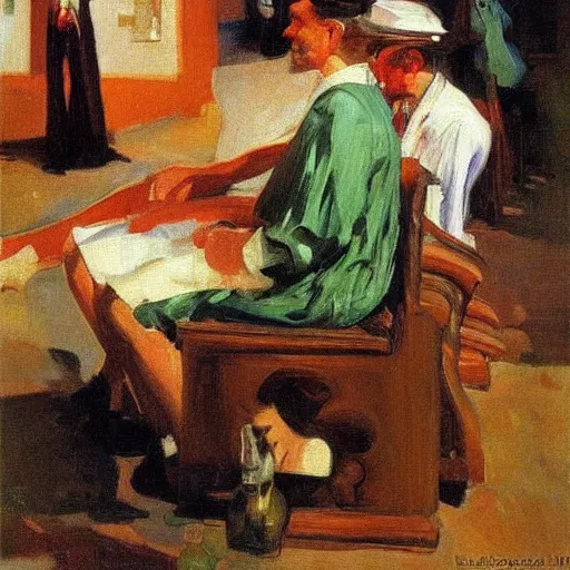 Prompt: sorolla's painting of the chemist at a bench