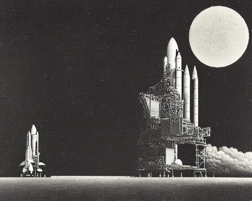 Prompt: achingly beautiful print of the Space Shuttle on the launchpad, bathed in moonlight, by Hasui Kawase and Lyonel Feininger.