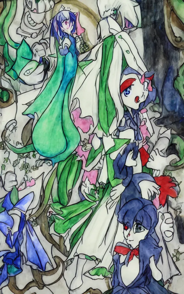 Image similar to jester getting married to my Gardevoir anime waifu, anime beautiful scene in a church, high quality upload, watercolour painted background, wedding, highly rated anime animation