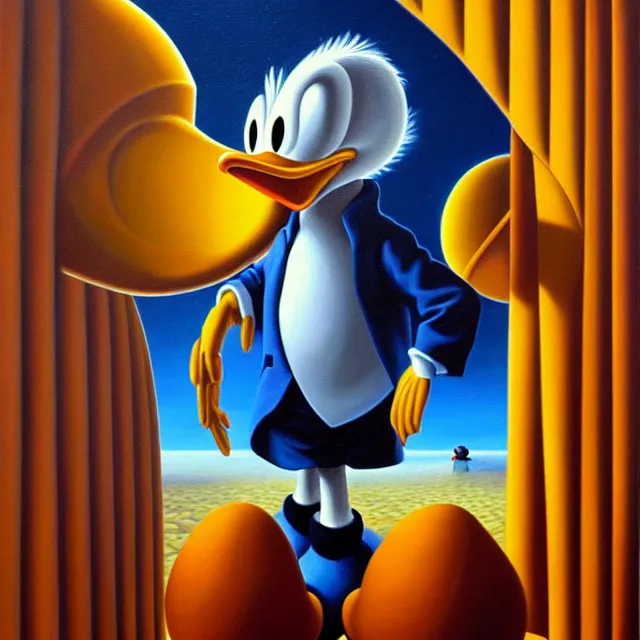 Image similar to an oil on canvas portrait painting of donald duck, surrealism, surrealist, cosmic horror, rob gonsalves, high detail