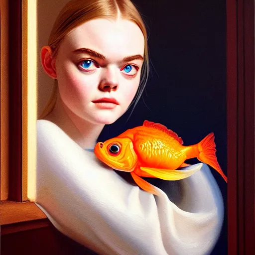 Prompt: portrait of a elle fanning wearing and a goldfish in a dark room with a window, detailed realism face in painting, detailed beautiful portrait, oil painting masterpiece, 8 k resolution, smooth, sharp focus, trending on artstation, by bruce pennington