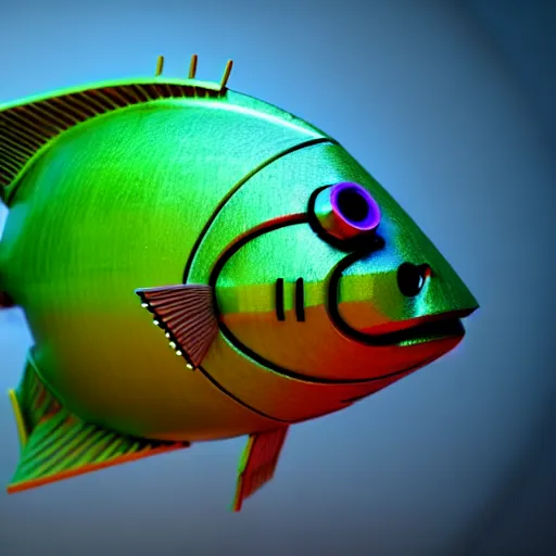 Image similar to robot bowl fish with a fish inside of it, photorealistic 3 d render, unreal engine