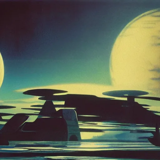 Image similar to Water world planet in the clouds, cinematic angle, cinematic lighting, blue sky, sun in the sky, by Syd Mead, John Harris, Federico Pelat