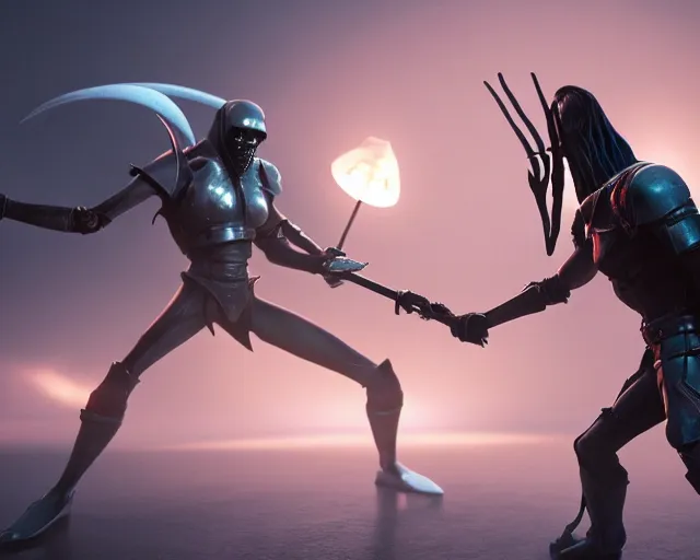 Image similar to sword fight between alien and predator, pixar animation, dreamworks, octane render, dramatic