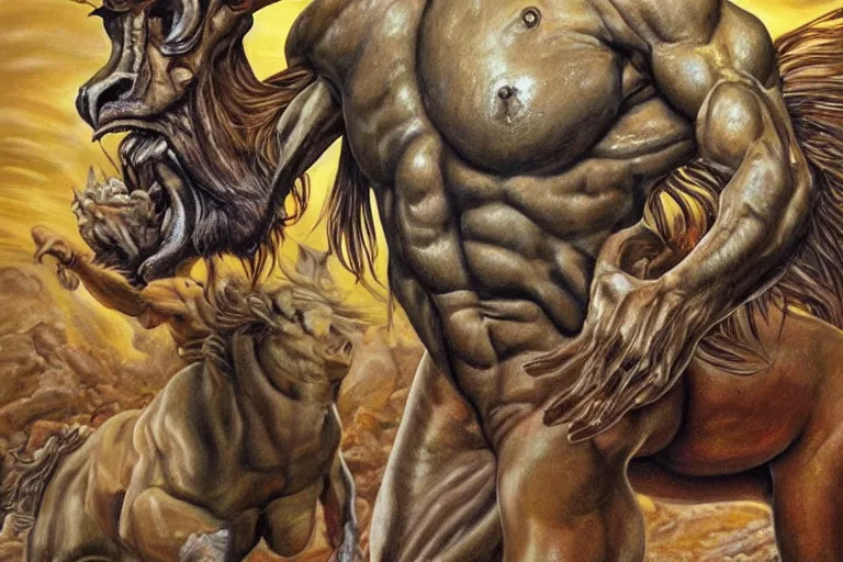 Image similar to beautiful lifelike painting of a centaur centaur centaur chimera tom cruise torso, majestic cinematic, hyperreal detailed facial features and uv lighting, art by ed roth and basil wolverton