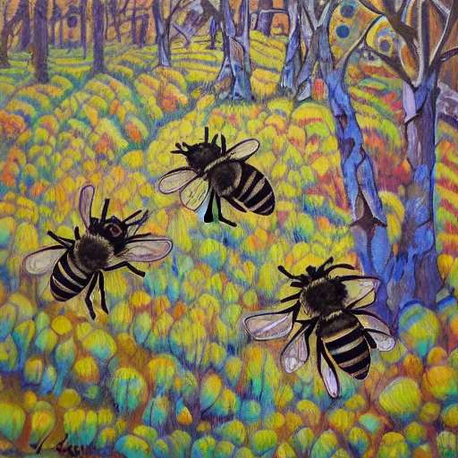 Image similar to bees flying in the woods, acrylic by yelena york