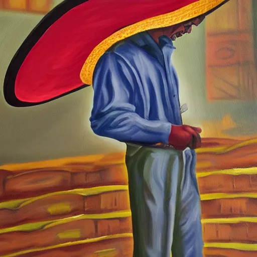 Prompt: warehouse worker wearing a sombrero as an oil painting on canvas