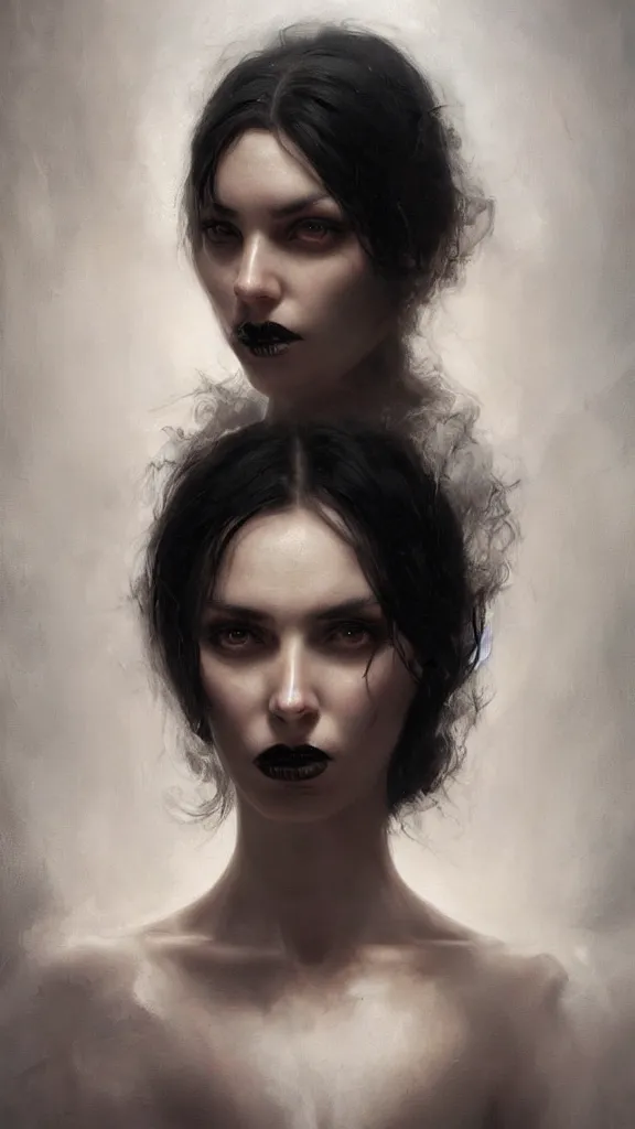 Prompt: face of a beautiful woman with very black hair, intimidating woman, large black eyes, high forehead, smooth pale skin, ethereal skin, ominous, eldritch. oil painting by nuri iyem, james gurney, james jean, greg rutkowski, highly detailed, soft lighting, chiaroscuro